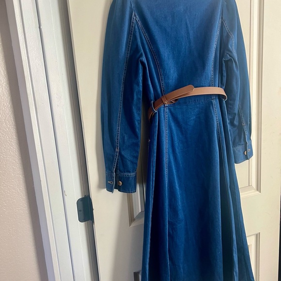 Women's Denim Dress Button Down Lapel Collar Casual Midi Dress with Belt - Picture 3 of 16